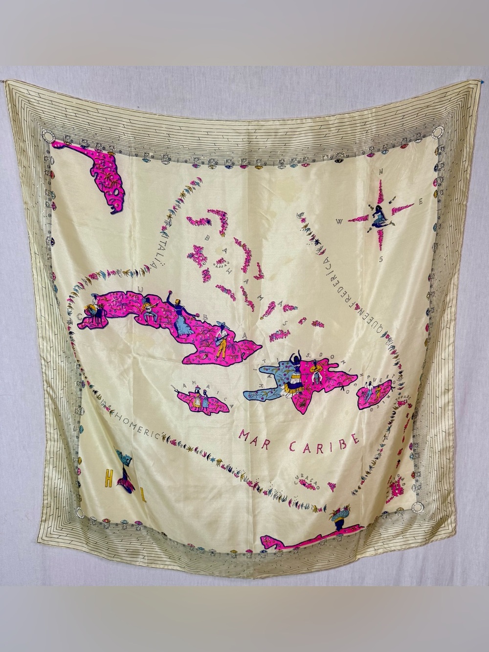Home lines Mar caribe true vintage Cream & Hot Pink Caribbean Map Silk Scarf